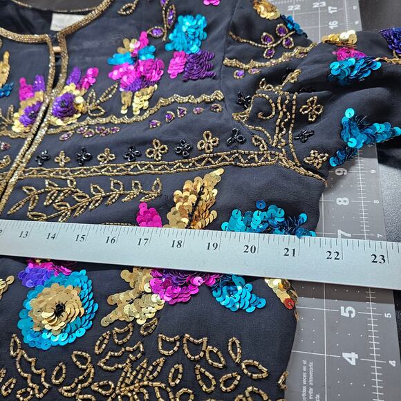 Vintage Silk Blazer Womens Sz Large Black Beaded 90s Floral Glam Elegant Evening - Picture 8 of 9